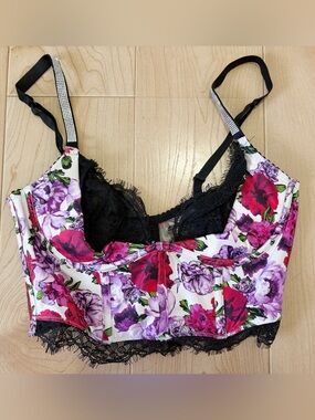 Victoria’s Secret Floral Lace-Trim Bralette in White with Pink & Purple Flowers